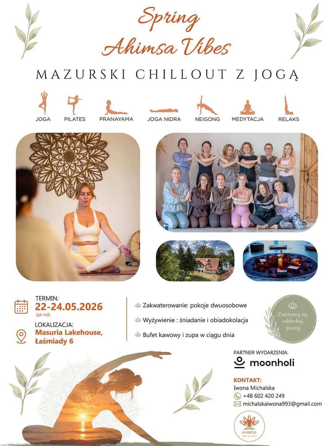 Plakat wydarzenia Spring Ahimsa Vibes – Mazurski Chillout z jogą, III edycja, 22–24 maja 2026, Masuria Lakehouse, Łaśmiady